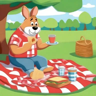 In the cartoon, the picknicker spread out a checkered picnic blanket and enjoyed a delicious meal in the park.