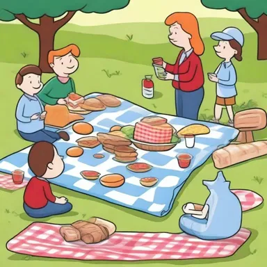 In the cartoon, the picknicker spread out a checkered picnic blanket and enjoyed a delicious meal in the park.