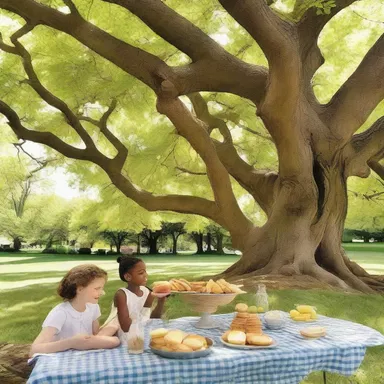 The author described a scene in the book where a group of picknickers gathered under the shady trees, savoring their homemade sandwiches and refreshing lemonade.