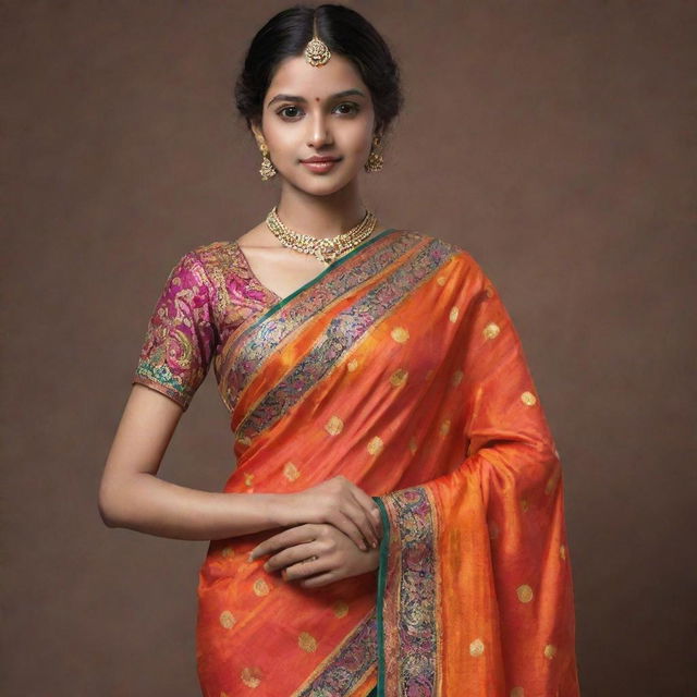 A young girl elegantly clad in a vibrant, intricately detailed saree, posing with grace and poise.