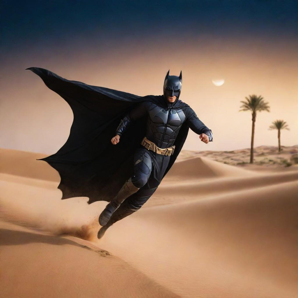 Arabian Batman in traditional attire, soaring through the night sky against the backdrop of Arabian landscape with sand dunes and palm trees.