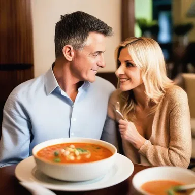 During their romantic dinner date, the couple shared a steaming bowl of minestrone soup, savoring its flavors together.