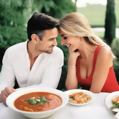 During their romantic dinner date, the couple shared a steaming bowl of minestrone soup, savoring its flavors together.