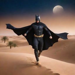 Arabian Batman in traditional attire, soaring through the night sky against the backdrop of Arabian landscape with sand dunes and palm trees.