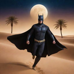 Arabian Batman in traditional attire, soaring through the night sky against the backdrop of Arabian landscape with sand dunes and palm trees.