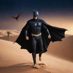 Arabian Batman in traditional attire, soaring through the night sky against the backdrop of Arabian landscape with sand dunes and palm trees.