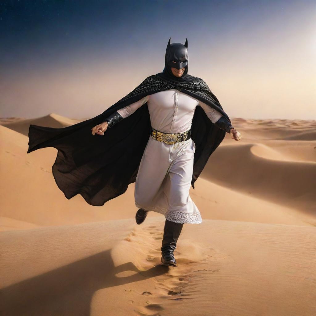 Arabian Batman wearing traditional Arabian clothes, featuring a flowing thawb and a shemagh, soaring through the night sky over a sand dune landscape.