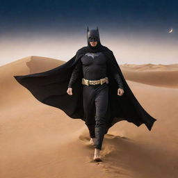 Arabian Batman wearing traditional Arabian clothes, featuring a flowing thawb and a shemagh, soaring through the night sky over a sand dune landscape.