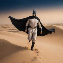 Arabian Batman wearing traditional Arabian clothes, featuring a flowing thawb and a shemagh, soaring through the night sky over a sand dune landscape.