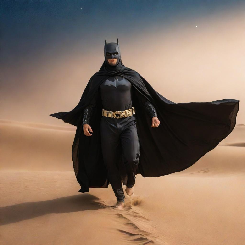 Arabian Batman wearing traditional Arabian clothes, featuring a flowing thawb and a shemagh, soaring through the night sky over a sand dune landscape.