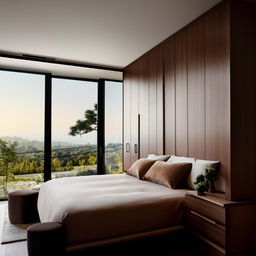 A luxurious bedroom interior with an elegant wardrobe, plush bed and a window with a scenic view.