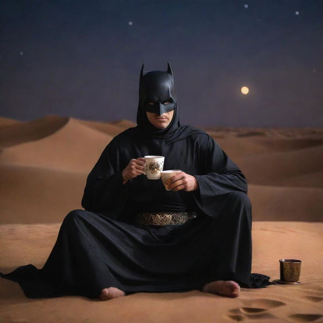 Arabian Batman relaxing in traditional Arabian clothes, sitting in a laid-back pose while sipping on a cup of Arabian coffee against the backdrop of a desert night.