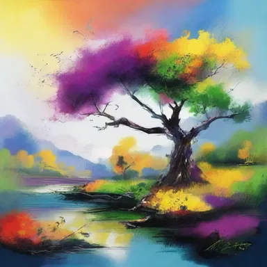 The artist used various colors and brush strokes to consolidate different elements of nature into one captivating painting.