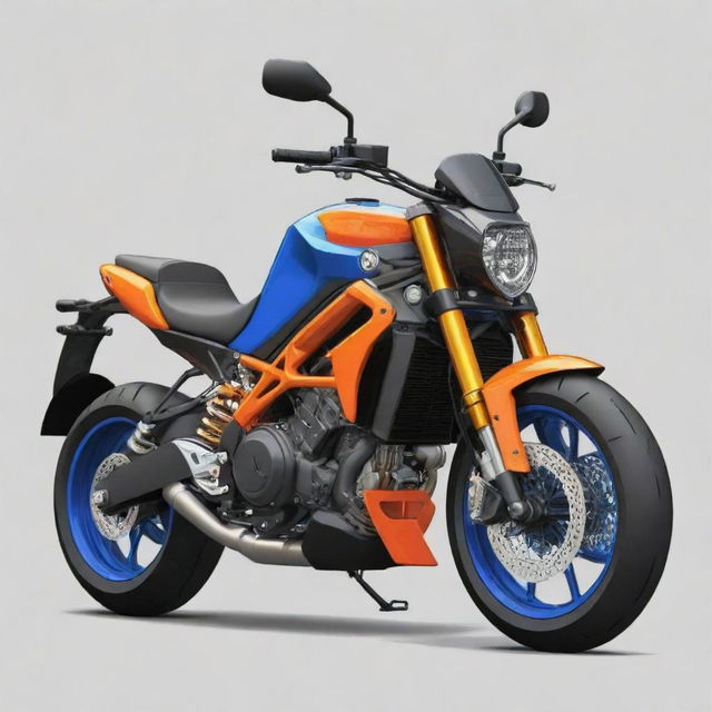 A cartoon version of a Duke 390 motorcycle with bright colors and exaggerated features