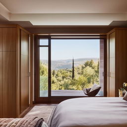 A luxurious bedroom interior with an elegant wardrobe, plush bed and a window with a scenic view.