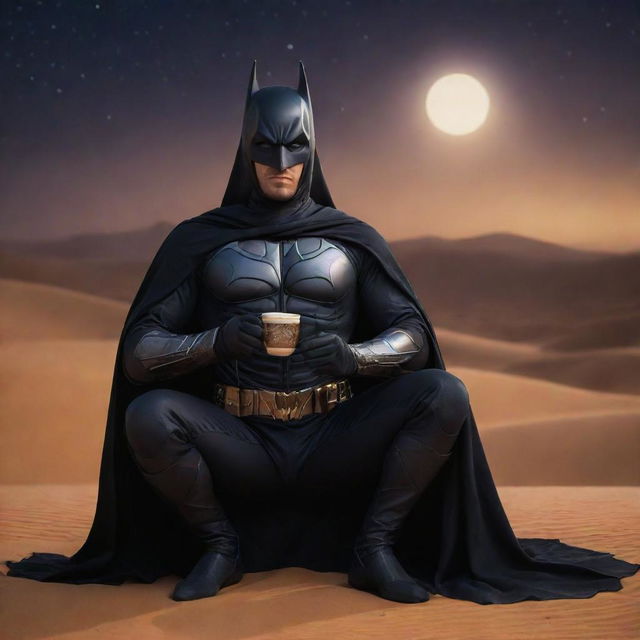 Arabian Batman, dressed in traditional Arabian attire, sitting in a cool way while sipping Arabian coffee, carrying a gleaming scimitar against a beautiful desert night.