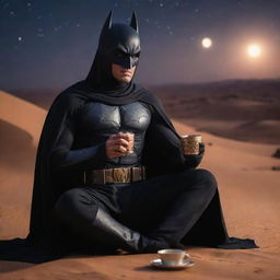 Arabian Batman, dressed in traditional Arabian attire, sitting in a cool way while sipping Arabian coffee, carrying a gleaming scimitar against a beautiful desert night.