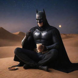 Arabian Batman, dressed in traditional Arabian attire, sitting in a cool way while sipping Arabian coffee, carrying a gleaming scimitar against a beautiful desert night.