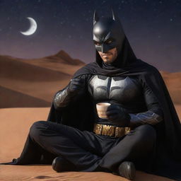 Arabian Batman, dressed in traditional Arabian attire, sitting in a cool way while sipping Arabian coffee, carrying a gleaming scimitar against a beautiful desert night.