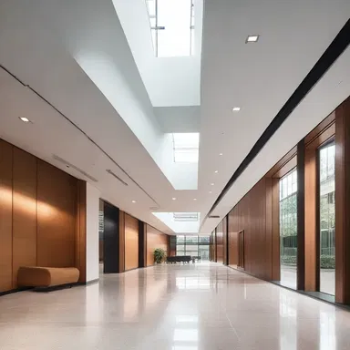 The use of clean lines and open spaces in this building's design evokes a sense of severance from traditional architecture.