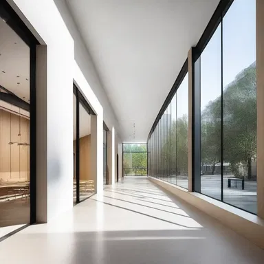The use of clean lines and open spaces in this building's design evokes a sense of severance from traditional architecture.