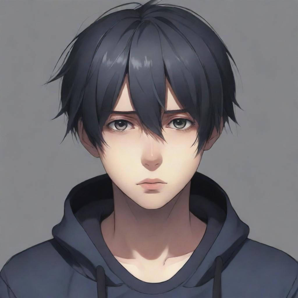 Create a detailed image of a sad anime boy, showcasing melancholic expression and shadows to enhance the emotional aspect.