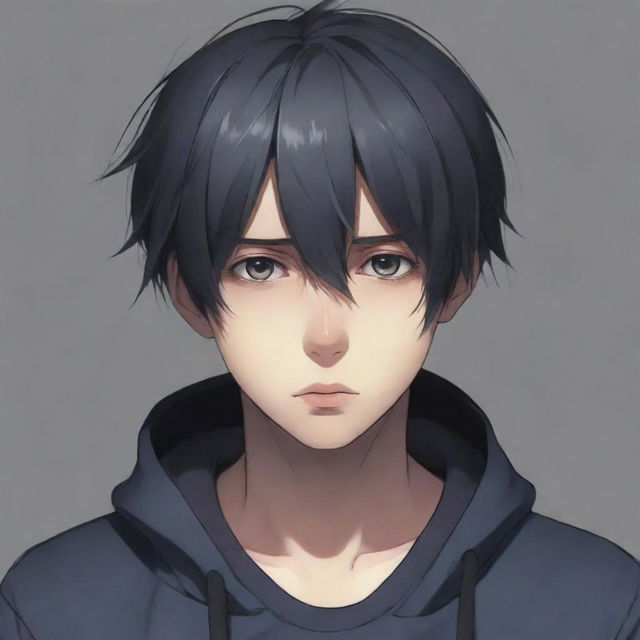 Create a detailed image of a sad anime boy, showcasing melancholic expression and shadows to enhance the emotional aspect.