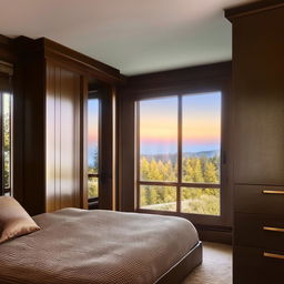 A luxurious bedroom interior with an elegant wardrobe, plush bed and a window with a scenic view.