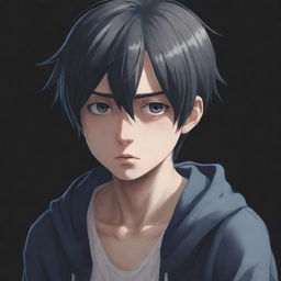 Create a detailed image of a sad anime boy, showcasing melancholic expression and shadows to enhance the emotional aspect.