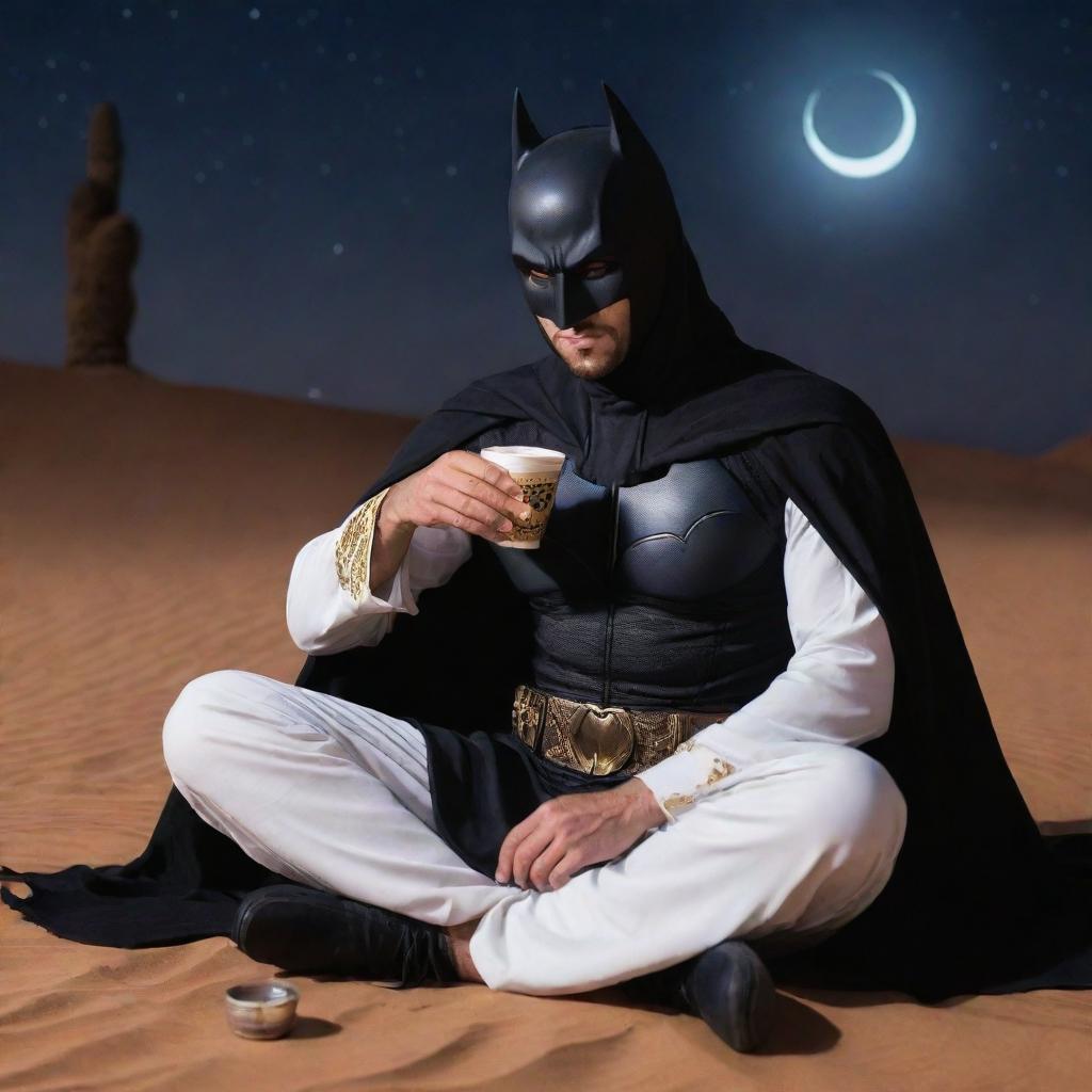 Arabian Batman, dressed in traditional Arabian attire, sitting in a cool way while sipping Arabian coffee, with a gleaming scimitar resting on the ground beside him against a beautiful desert night.