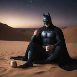 Arabian Batman, dressed in traditional Arabian attire, sitting in a cool way while sipping Arabian coffee, with a gleaming scimitar resting on the ground beside him against a beautiful desert night.