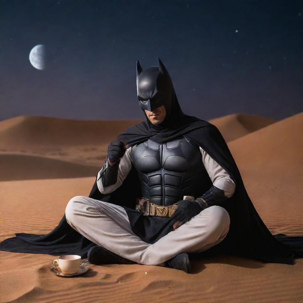 Arabian Batman, dressed in traditional Arabian attire, sitting in a cool way while sipping Arabian coffee, with a gleaming scimitar resting on the ground beside him against a beautiful desert night.