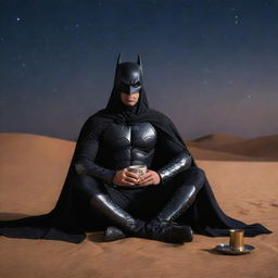 Arabian Batman, dressed in traditional Arabian attire, sitting in a cool way while sipping Arabian coffee, with a gleaming scimitar resting on the ground beside him against a beautiful desert night.