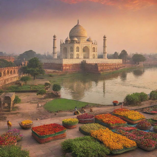 A breathtaking panorama of India's landscape, showcasing colorful markets, stunning architecture like the Taj Mahal, lush tea gardens, and a vibrant sunset over the Ganges River