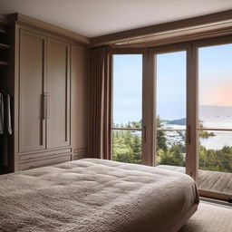 A luxurious bedroom interior with an elegant wardrobe, plush bed and a window with a scenic view.