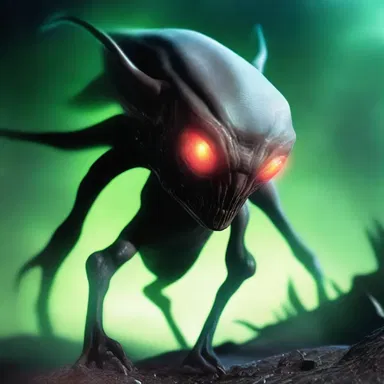 The alien creature had a menacing bullethead, with sharp ridges and glowing eyes.