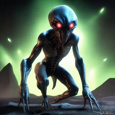 The alien creature had a menacing bullethead, with sharp ridges and glowing eyes.