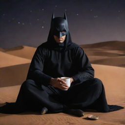 Arabian Batman, depicted in a deeper, darker shade of black, relaxing in traditional Arabian clothes, sitting in a cool pose while sipping Arabian coffee against the backdrop of a desert night.