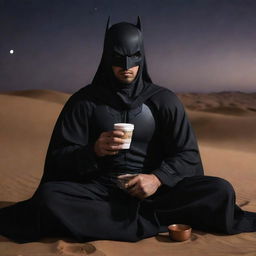 Arabian Batman, depicted in a deeper, darker shade of black, relaxing in traditional Arabian clothes, sitting in a cool pose while sipping Arabian coffee against the backdrop of a desert night.