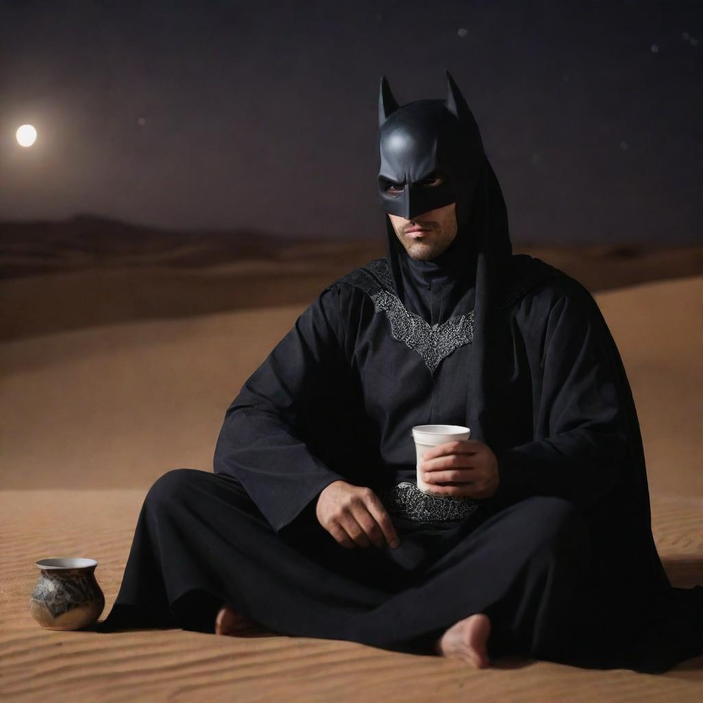 Arabian Batman, depicted in a deeper, darker shade of black, relaxing in traditional Arabian clothes, sitting in a cool pose while sipping Arabian coffee against the backdrop of a desert night.