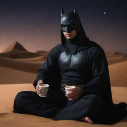 Arabian Batman, depicted in a deeper, darker shade of black, relaxing in traditional Arabian clothes, sitting in a cool pose while sipping Arabian coffee against the backdrop of a desert night.