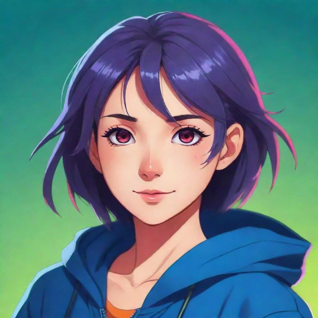 Create an anime-style profile picture for a character named 'neera_rwt_85'. Use vibrant colors, light expressions, and ensure the character design aligns with typical anime aesthetic.