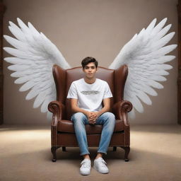 Render a 3D illusion of a 19-year-old boy in a white shirt casually sitting on a wingback chair, wearing sneakers and looking ahead. The word 'HASEEB', crafted as wings on the background, bestows an angelic aura.