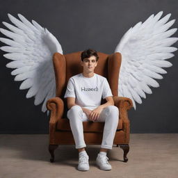 Render a 3D illusion of a 19-year-old boy in a white shirt casually sitting on a wingback chair, wearing sneakers and looking ahead. The word 'HASEEB', crafted as wings on the background, bestows an angelic aura.