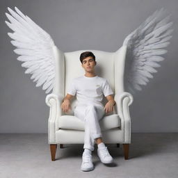 Render a 3D illusion of a 19-year-old boy in a white shirt casually sitting on a wingback chair, wearing sneakers and looking ahead. The word 'HASEEB', crafted as wings on the background, bestows an angelic aura.