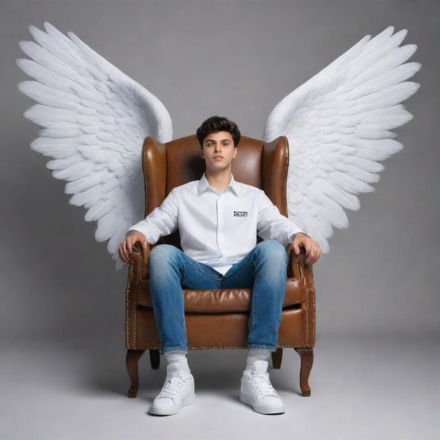 Render a 3D illusion of a 19-year-old boy in a white shirt casually sitting on a wingback chair, wearing sneakers and looking ahead. The word 'HASEEB', crafted as wings on the background, bestows an angelic aura.