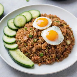 Indonesian Nasi Goreng (fried rice) served on a white plate garnished with cucumber and fried egg.