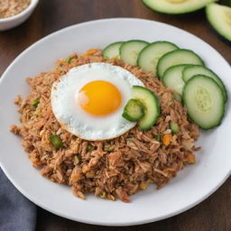 Indonesian Nasi Goreng (fried rice) served on a white plate garnished with cucumber and fried egg.