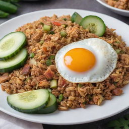 Indonesian Nasi Goreng (fried rice) served on a white plate garnished with cucumber and fried egg.