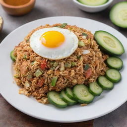 Indonesian Nasi Goreng (fried rice) served on a white plate garnished with cucumber and fried egg.